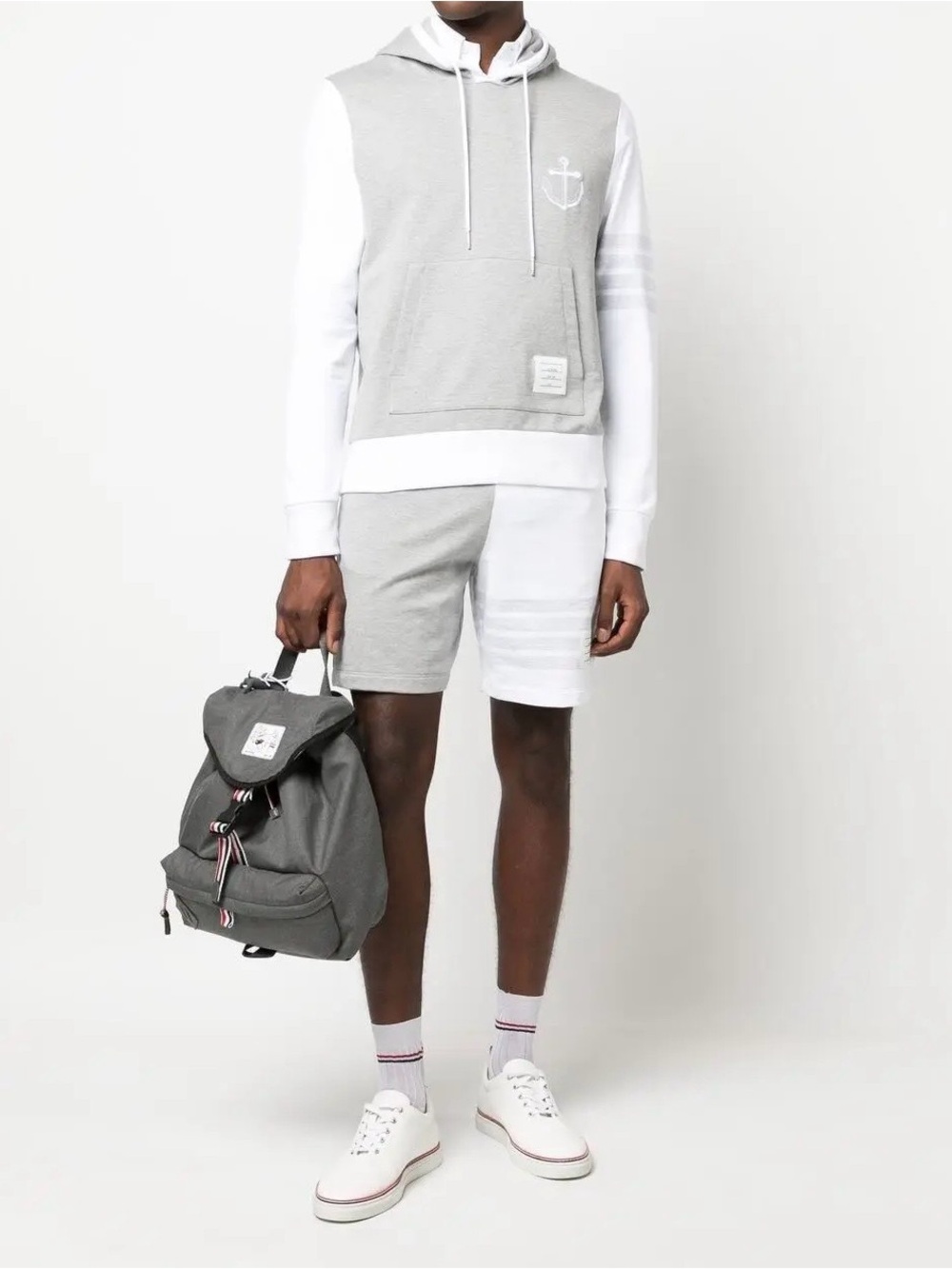 THOM BROWNE Gray Anchor-Embroidery Panelled Hoodie